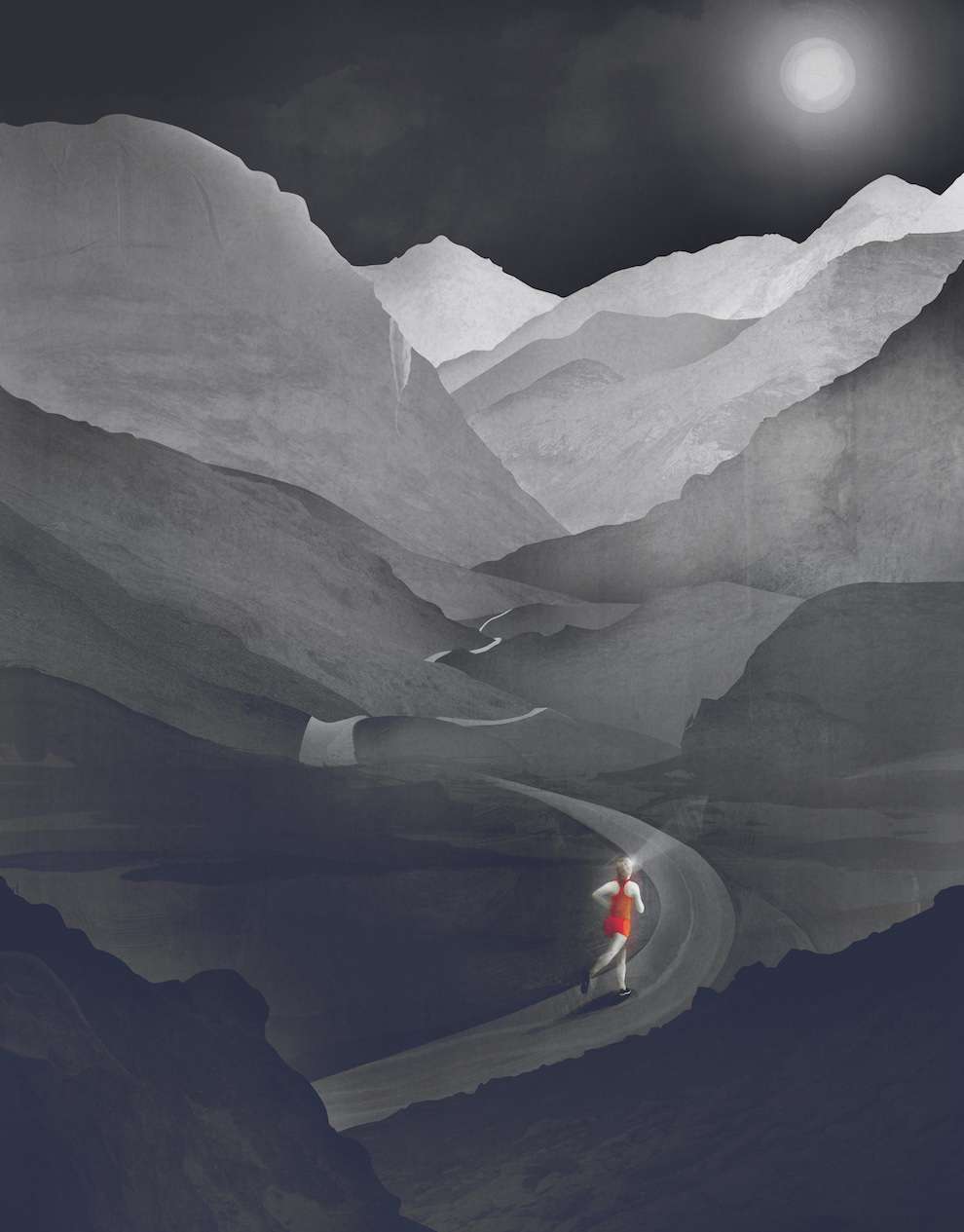 Darren Hopes, Greyscale digital painterly illustration of a women running through the mountains 